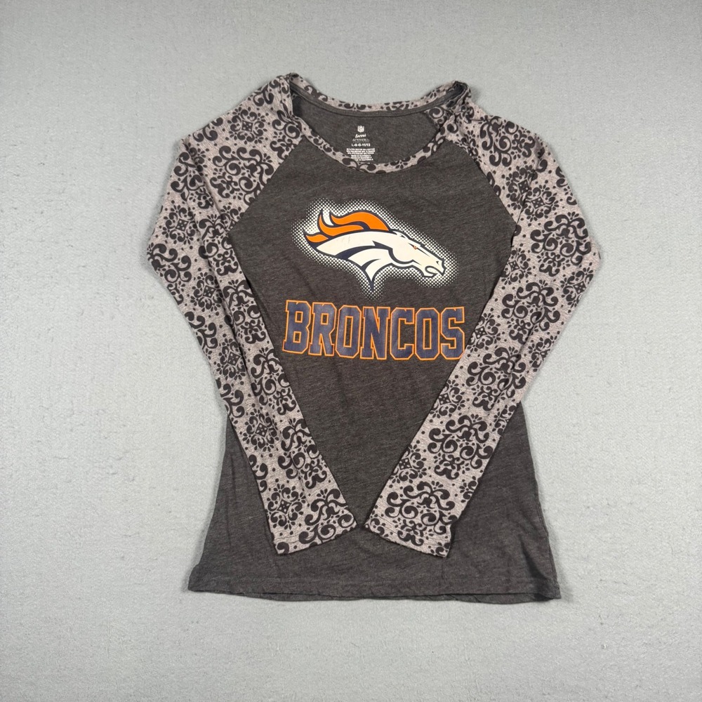 NFL Denver Broncos Girls Shirt Large 11/13 Gray Paisley Raglan Long Sleeve Tee